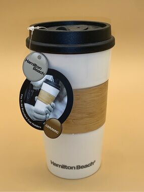 Hamilton Beach White Ceramic Travel Mug with Black Lid and Bamboo Sleeve